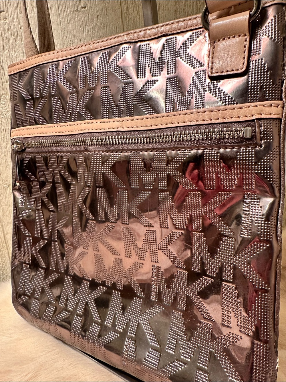 Michael Kors Metallic Bronze Patent MK Crossbody Bag - Picture 2 of 6